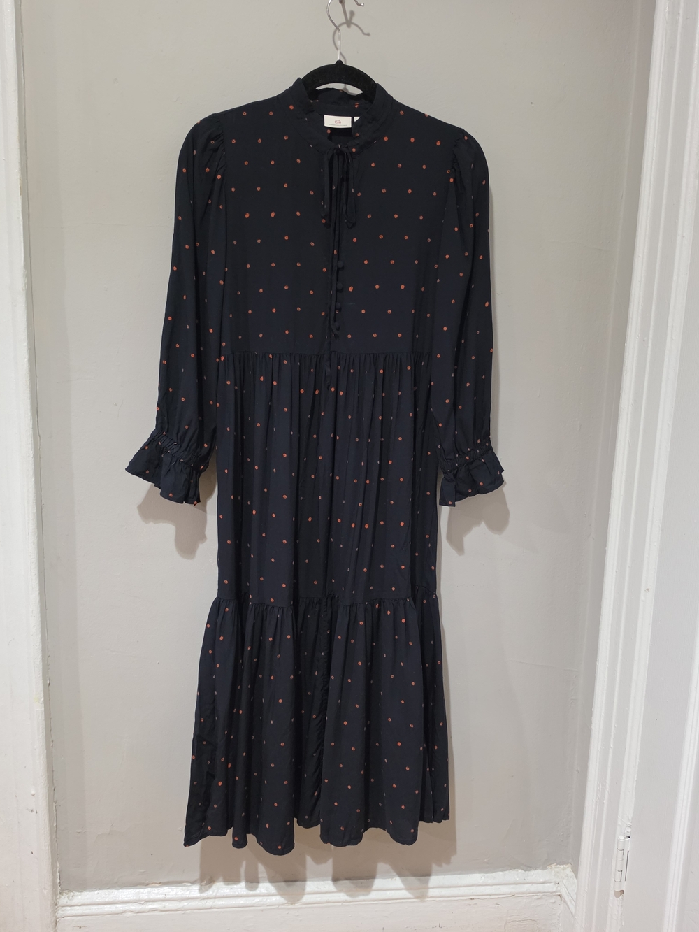 Ag Adriano Goldschmied Navy Long Sleeve Tiered Dress with Coral Dot Print